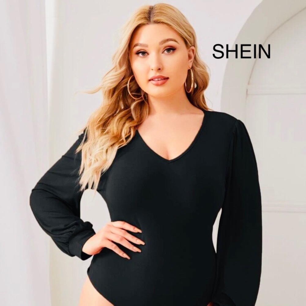 Shein Plus V-Neck Bishop Sleeve Bodysuit Black